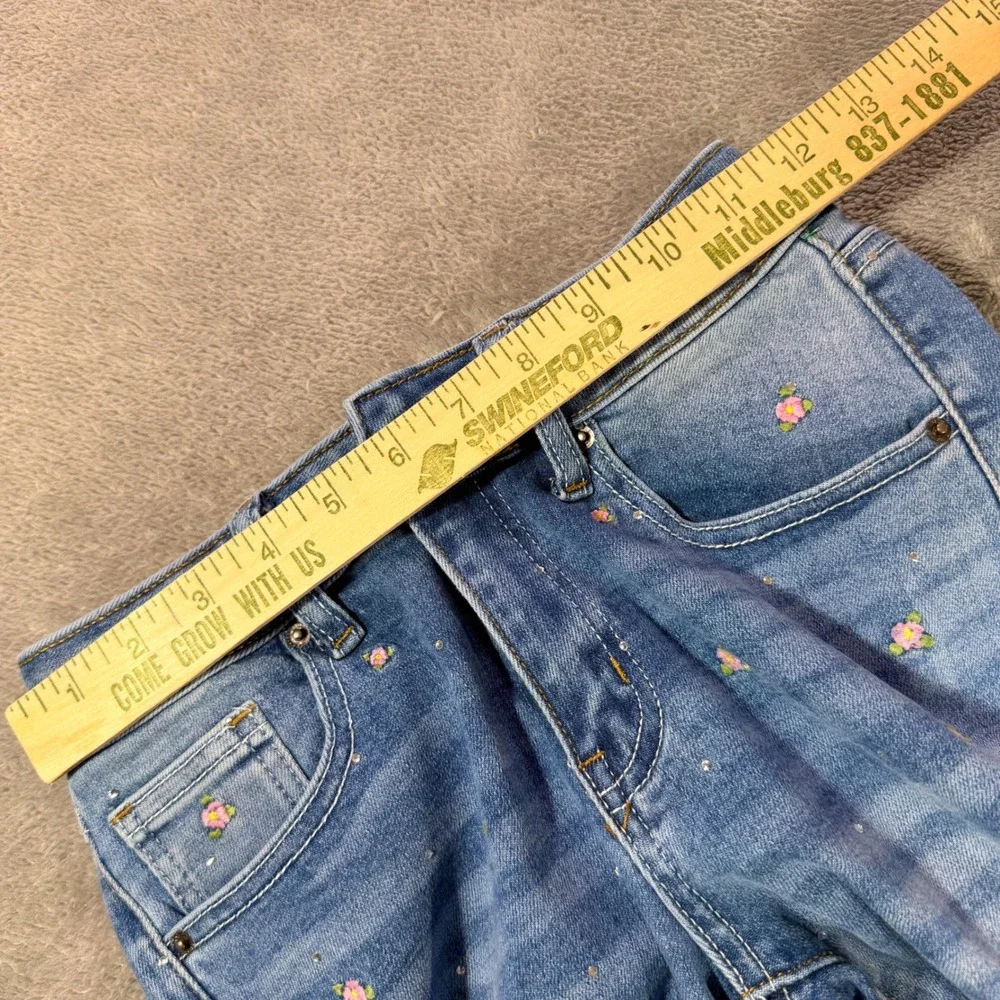 Social Butterfly Wide Leg Jeans Womens Size 3 Blue Floral Embroidered Rhinestone